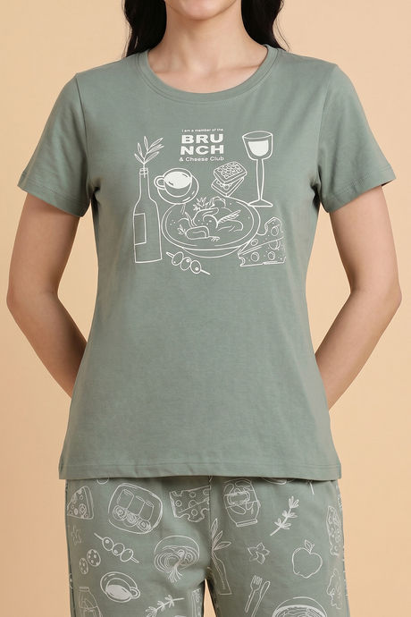 Zivame Breakfast Story Knit Cotton Pyjama Set - Iceberg Green — image 5